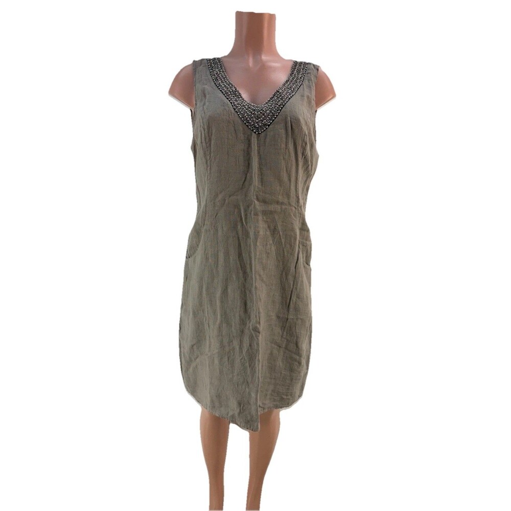 Lina Tomei Italy 100% Linen  Women Dress L Gray Beaded Sleeveless Shift V Neck - Picture 3 of 14